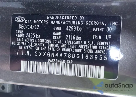 2013 Kia Optima Ex из США, поврежденный, VIN 5XXGN4A78DG163955